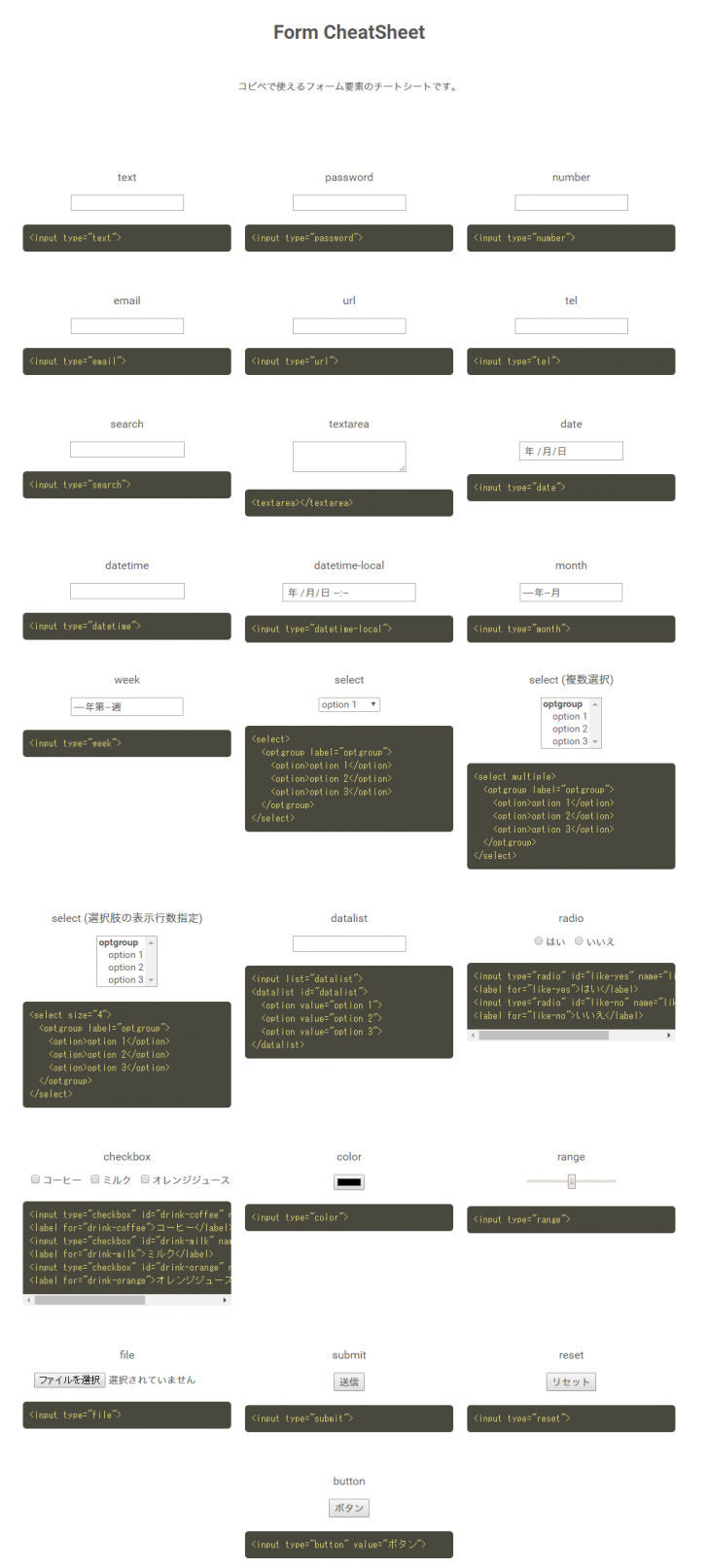 フォーム要素のチートシート