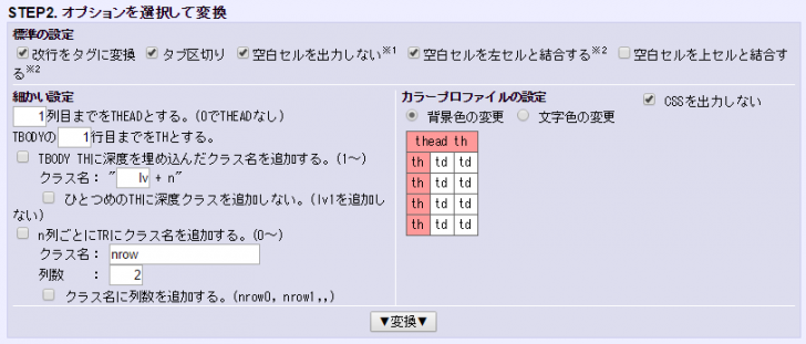 表のオプション