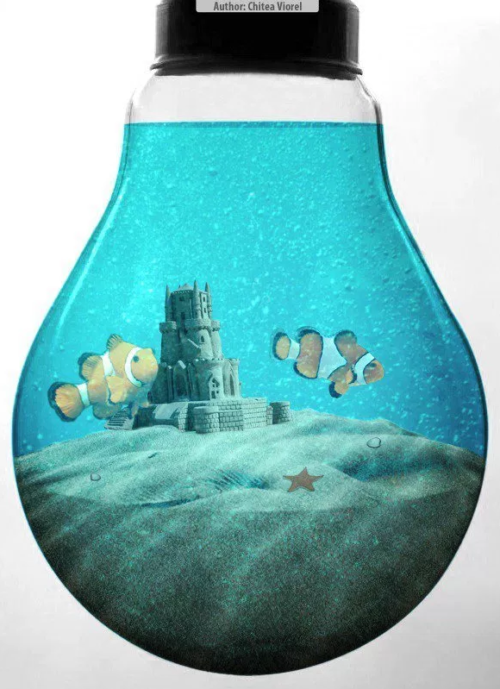Create an Aquarium Inside a Light Bulb with Photoshop（Photoshopで電球の中にアクアリアムを作る方法）[英語解説]
