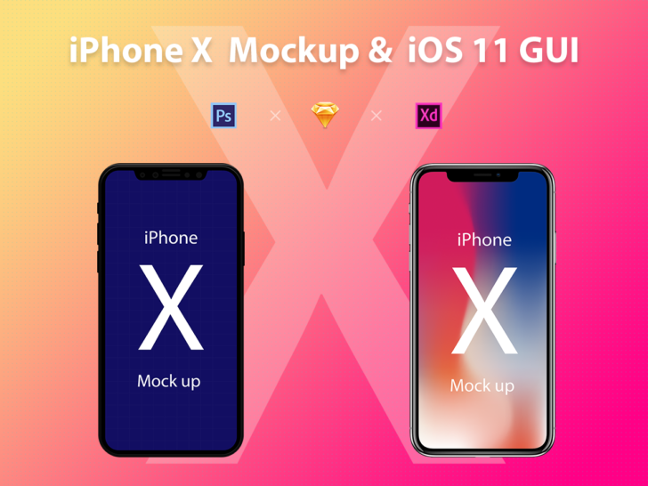 iPhone X Mockup & iOS 11 GUI（PSD、Sketch、Adeobe XD/無料）