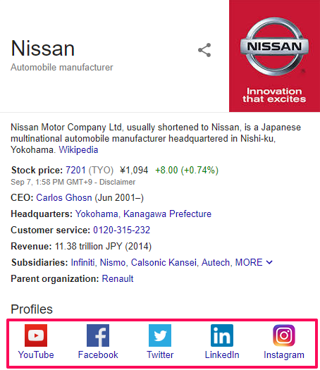 ソーシャルプロフィールリンクの構造化データのサンプル