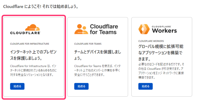 Cloudflareのサービス選択画面